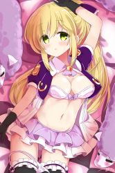 Rule 34 | 1girl, :o, arm up, bare arms, black gloves, black thighhighs, blonde hair, bow, bow bra, bra, breasts, breasts apart, brooch, collarbone, commentary request, cropped jacket, frilled ribbon, frilled thighhighs, frills, gloves, green eyes, groin, hair ribbon, highres, himarisu (hida mari), jacket, jewelry, lace, lace-trimmed bra, lace trim, layered skirt, long hair, looking at viewer, lying, medium breasts, miniskirt, navel, on back, open clothes, open jacket, original, parted lips, ponytail, puffy short sleeves, puffy sleeves, purple jacket, purple neckwear, purple ribbon, purple skirt, ribbon, short sleeves, sidelocks, signature, skirt, solo, stomach, stuffed animal, stuffed sheep, stuffed toy, sweat, thighhighs, underwear, white bra, wing collar, zettai ryouiki