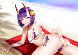 Rule 34 | 1girl, :d, arm support, artist name, ass, bare arms, bare shoulders, beach, beach towel, bikini, blush, breasts, breasts apart, cellphone, choker, collarbone, easonx, fate/grand order, fate (series), flower, from behind, grin, hair flower, hair ornament, hair ribbon, hand on own ass, horns, looking at viewer, looking back, lying, medium breasts, micro bikini, ocean, on stomach, open mouth, phone, purple bikini, purple choker, purple eyes, purple hair, purple ribbon, red ribbon, ribbon, sand, short hair, shuten douji (fate), side-tie bikini bottom, skin-covered horns, smartphone, smile, solo, swimsuit, teeth, towel, twisted torso, underboob, yellow flower