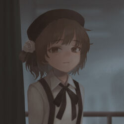 Rule 34 | 1girl, beret, black hat, black ribbon, brown eyes, brown hair, closed mouth, collared shirt, commentary request, cropped, curtains, expressionless, flower, hat, hat flower, hat ribbon, hatoba tsugu, looking at viewer, mootie, neck ribbon, railing, ribbon, rose, shirt, short hair, single hair ring, solo, suspenders, tsugu (vtuber), upper body, virtual youtuber, white flower, white rose, white shirt, window