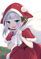 Rule 34 | 1girl, absurdres, adapted costume, alternate costume, belt, blue eyes, blue hair, blue nails, blush, bow, christmas, christmas ornaments, dress, fang, fingernails, fur-trimmed dress, fur trim, gawr gura, gawr gura (1st costume), highres, hololive, hololive english, looking at viewer, multicolored hair, nail polish, open mouth, red dress, smile, snmdx, solo, streaked hair, virtual youtuber, white hair