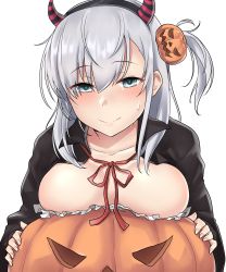 Rule 34 | 1girl, absurdres, blush, breast rest, breasts, cleavage, fake horns, food-themed hair ornament, grey eyes, hair ornament, halloween, halloween costume, highres, horns, jack-o&#039;-lantern, kantai collection, kiritto, looking at viewer, medium breasts, pumpkin, pumpkin hair ornament, silver hair, smile, solo, suzutsuki (kancolle), sweatdrop, upper body, white background