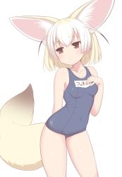 Rule 34 | 1girl, alternate costume, animal ear fluff, animal ears, antenna hair, blonde hair, blue one-piece swimsuit, brown hair, collarbone, contrapposto, covered navel, dot nose, extra ears, fennec (kemono friends), fox ears, fox girl, fox tail, highres, kemono friends, multicolored hair, name tag, old school swimsuit, one-piece swimsuit, ransusan, school swimsuit, solo, standing, swimsuit, tail, white background, white hair