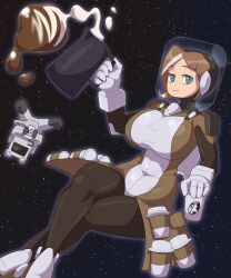 Rule 34 | 1girl, aqua eyes, borrowed character, breasts, brown hair, coffee, covered navel, cup, fishbowl helmet, hand up, highres, large breasts, linette (barleyshake), looking at viewer, multicolored hair, original, pitcher (container), smile, solo focus, space, star (sky), streaked hair, zznakuu