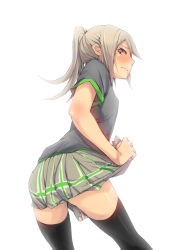 Rule 34 | 1girl, black thighhighs, blush, brown eyes, embarrassed, from behind, fu-ta, leaning forward, long hair, looking at viewer, looking back, original, pleated skirt, ponytail, silver hair, skirt, solo, thighhighs, usami taiga, white background, zettai ryouiki