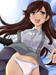 Rule 34 | 10s, 1girl, abriel00, arashio (kancolle), arm warmers, bike shorts, breasts, brown eyes, brown hair, day, dress shirt, gradient background, kantai collection, long hair, open mouth, panties, pleated skirt, school uniform, shirt, skirt, sky, smile, solo, sun, suspender skirt, suspenders, underwear, white panties