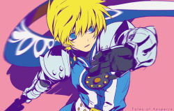 Rule 34 | 00s, 1boy, 2no, armor, bad id, bad pixiv id, belt, blonde hair, blue eyes, cape, copyright name, flynn scifo, gauntlets, male focus, ninomoto, pink background, shoulder pads, simple background, solo, surcoat, sword, tales of (series), tales of vesperia, weapon