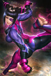 Rule 34 | 1girl, ass, aura, bandages, black bodysuit, black hair, blunt bangs, bodysuit, box, breasts, cameltoe, capcom, drill hair, eyepatch, feet, feet up, fingerless gloves, fingernails, full body, gloves, hair ornament, han juri, impossible clothes, looking at viewer, medium breasts, multicolored clothes, muscular, muscular arms, muscular female, muscular legs, nail polish, neoartcore, open mouth, parted lips, pink bodysuit, pink eyes, purple bodysuit, purple nails, russian text, shiny clothes, smile, smirk, solo, standing, street fighter, street fighter v, stretching, toeless legwear, twin drills, wide hips