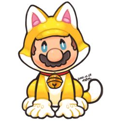 Rule 34 | 1boy, animal costume, animal ears, artist name, bell, blue sclera, brown hair, cat boy, cat costume, cat ears, cat mario, cat tail, collar, colored sclera, dated, facial hair, ghost-pepper, lowres, male focus, mario, mario (series), mustache, neck bell, nintendo, simple background, solo, tail, white background
