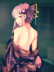 Rule 34 | 1girl, at2., back, bare back, bare shoulders, blush, clothes down, crescent, eyeliner, flower, from behind, green background, hair flower, hair ornament, hair ribbon, hair stick, highres, japanese clothes, kanzashi, kimono, lipstick, long hair, looking at viewer, looking back, makeup, nape, no bra, off shoulder, oiran, open mouth, parted lips, print kimono, purple eyes, purple hair, ribbon, short hair with long locks, shoulder blades, sidelocks, signature, solo, tress ribbon, twintails, undressing, vocaloid, voiceroid, yuujo, yuzuki yukari