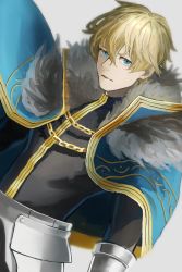 Rule 34 | 1boy, armor, blonde hair, blue cape, blue eyes, cape, chi4co0820, collared cape, excalibur galatine (fate), fate/extra, fate/grand order, fate (series), fur collar, gauntlets, gawain (fate), knight, knights of the round table (fate), long sleeves, looking at viewer, male focus, short hair, simple background, solo, white background