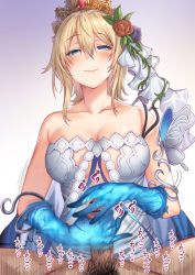Rule 34 | 1boy, 1girl, aldehyde, bar censor, bare shoulders, blonde hair, blue cape, blue eyes, blue gloves, blue ribbon, blush, breasts, cape, censored, cleavage, closed mouth, collarbone, dress, erection, europa (granblue fantasy), flower, gloved handjob, gloves, granblue fantasy, hair between eyes, hair flower, hair ornament, half-closed eyes, handjob, hetero, highres, large breasts, looking at viewer, paid reward available, penis, ribbon, smile, tiara, white dress