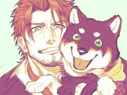Rule 34 | 1boy, :d, animal, bandana, belmond banderas, black jacket, brown eyes, brown hair, commentary request, dog, facial hair, green background, green eyes, grin, highres, jacket, kuroi shiba, looking at viewer, male focus, nijisanji, open mouth, shiba inu, short eyebrows, simple background, smile, stubble, thick eyebrows, upper body, virtual youtuber, yakisoba ohmori