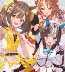 Rule 34 | 3girls, arm up, asymmetrical gloves, bare shoulders, black gloves, blue gloves, blue nails, bow, braid, breasts, brown hair, buttons, commentary request, confetti, copano rickey (umamusume), cowboy shot, crying, crying with eyes open, detached sleeves, double-breasted, double bun, dress, ear covers, gloves, hair between eyes, hair bun, highres, hiyoko neneko, hokko tarumae (umamusume), horse girl, jacket, long hair, long sleeves, looking at viewer, medium breasts, midriff, mismatched gloves, multicolored hair, multiple girls, official alternate costume, open mouth, pointing, pointing up, purple eyes, smart falcon (twilight triumph) (umamusume), smart falcon (umamusume), smile, streaked hair, tears, twin braids, twintails, umamusume, white gloves, white hair, white headwear, white jacket, yellow dress, yellow eyes, yellow gloves