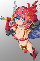 Rule 34 | 1girl, armor, bikini armor, blue eyes, blush, breasts, choker, cleavage, closed mouth, commentary request, dragon quest, dragon quest iii, elbow gloves, gloves, helmet, kayama kenji, large breasts, long hair, looking at viewer, navel, purple hair, red armor, simple background, smile, soldier (dq3), solo, sword, weapon, winged helmet
