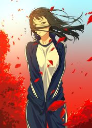 Rule 34 | 1girl, absurdres, autumn, autumn leaves, black hair, brown eyes, candy, food, gym uniform, hands in pockets, highres, jacket, kakitama, lollipop, long hair, mouth hold, original, outdoors, pants, solo, track jacket, track pants, track suit, translated, wind