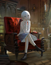Rule 34 | 1girl, :t, absurdres, artist request, blue eyes, book, bookshelf, crossed legs, curtains, head on hand, high heels, highres, leather chair, light particles, original, pout, sunlight, thien ngo, white hair