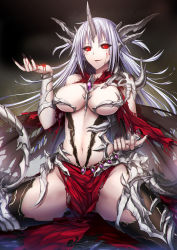 Rule 34 | 1girl, black sclera, black thighhighs, blood, blood on face, breasts, colored sclera, commission, dragon girl, dragon horns, dragon wings, highres, horns, large breasts, long hair, looking at viewer, luzi, monster girl, navel, original, parted lips, pelvic curtain, red eyes, revealing clothes, silver hair, sitting, smile, solo, spread legs, stomach, thighhighs, wings