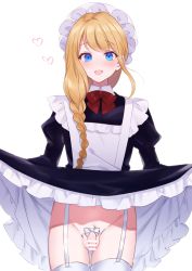 Rule 34 | +++ (artist), 1boy, :d, absurdres, bar censor, blonde hair, blue eyes, blush, bow, braid, censored, character request, clothes lift, copyright request, dress, dress lift, garter straps, hair over shoulder, heart, highres, lifted by self, looking at viewer, maid, maid headdress, male focus, open mouth, penis, penis bow, red neckwear, simple background, smile, solo, testicles, thighhighs, trap, white background, white thighhighs