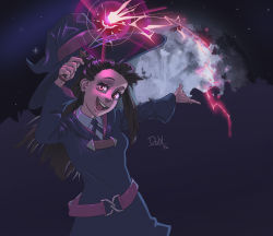 Rule 34 | 1girl, brown hair, cloud, dated, glowing, hat, highres, kagari atsuko, little witch academia, ludwig dahlberg, luna nova school uniform, magic, open mouth, school uniform, signature, sky, smile, solo, sparks, star (sky), starry sky, teeth, upper teeth only, wand, witch hat