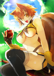 Rule 34 | 1girl, animal ears, apple, arc system works, blazblue, blazblue: continuum shift, breasts, brown eyes, brown hair, food, fruit, gloves, justanotherkid, makoto nanaya, midriff, revealing clothes, smile, solo, squirrel ears, squirrel tail, tail, underboob