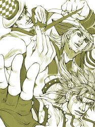 Rule 34 | 3boys, battle tendency, caesar anthonio zeppeli, checkered clothes, checkered headwear, facial hair, facial mark, family, feather hair ornament, feathers, fingerless gloves, gloves, gyro zeppeli, hair ornament, hat, headband, holding, holding reins, jojo no kimyou na bouken, jojo pose, monochrome, multiple boys, mustache, name connection, phantom blood, reins, ruushii (lucy steel6969), steel ball run, top hat, triangle print, will anthonio zeppeli