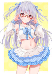 Rule 34 | 1girl, armpits, bare shoulders, bow, bowtie, breasts, closed mouth, collarbone, collared shirt, commission, cowboy shot, crop top, crop top overhang, detached sleeves, glasses, grey hair, hair ribbon, hands on eyewear, hands up, layered skirt, long hair, long sleeves, looking at viewer, midriff, miniskirt, navel, original, pointy ears, red-framed eyewear, red eyes, ribbon, semi-rimless eyewear, shirt, skeb commission, skirt, small breasts, smile, solo, standing, stomach, thighs, two side up, umeyuki, under-rim eyewear, white shirt, white skirt