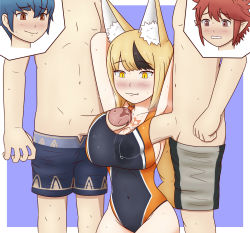 Rule 34 | 1girl, 2boys, :3, absurdres, animal ear fluff, animal ears, arms up, black hair, blonde hair, blue hair, blue male swimwear, blue one-piece swimsuit, blue swim trunks, blush, breasts, clenched teeth, competition swimsuit, covered navel, cowboy shot, erection, fang, feet out of frame, fire emblem, fire emblem fates, fox ears, fox tail, framed, frottage, grey male swimwear, grey swim trunks, group sex, happy, head out of frame, highres, kana (fire emblem), kana (male) (fire emblem), kiragi (fire emblem), large breasts, leud, male pubic hair, male swimwear, male swimwear pull, mmf threesome, multicolored hair, multicolored male swimwear, multicolored one-piece swimsuit, multicolored swim trunks, multiple boys, nintendo, one-piece swimsuit, orange male swimwear, orange one-piece swimsuit, orange swim trunks, penis, penis under another&#039;s clothes, pointy ears, precum, precum stain, precum through clothes, pubic hair, red eyes, red hair, selkie (fire emblem), smile, sparse pubic hair, stain, stained swimsuit, sweat, swim trunks, swim trunks pull, swimsuit, tail, teeth, threesome, two-tone hair, wet, wet clothes, wet swimsuit