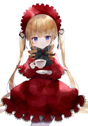 Rule 34 | 1girl, blonde hair, blue eyes, capelet, closed mouth, cup, dress, drill hair, drill sidelocks, headdress, highres, holding, holding cup, lolita fashion, long hair, long sleeves, looking at viewer, purple eyes, red capelet, red dress, rozen maiden, shinku, sidelocks, simple background, solo, teacup, toufu mentaru zabuton, twintails, white background