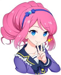 Rule 34 | 1girl, aikatsu! (series), aikatsu stars!, blue bow, blue bowtie, blue eyes, blue hairband, blue sailor collar, blush, bow, bowtie, collar, collarbone, cropped arms, cropped torso, drill hair, frilled collar, frills, hair bow, hairband, jacket, long hair, long sleeves, looking at viewer, pink hair, portrait, purple jacket, sailor collar, sakuraba rola, simple background, smile, solo, sparkle, v, white background, yoban