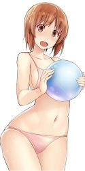 Rule 34 | 10s, 1girl, :d, ball, bikini, breasts, brown eyes, brown hair, commentary request, girls und panzer, highres, holding, holding ball, looking at viewer, medium breasts, nakamura yukitoshi, navel, nishizumi miho, open mouth, pink bikini, sideboob, smile, solo, standing, swimsuit, white background, wide hips