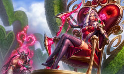 Rule 34 | 1boy, 1girl, alternate costume, alternate hairstyle, arm strap, armor, arrow (projectile), arrow through heart, ashe (league of legends), blue eyes, boots, bow (weapon), breasts, cleavage, drill hair, fake horns, flower, gloves, hair ornament, heart, heart hair ornament, heartseeker ashe, helmet, high heel boots, high heels, highres, horned helmet, kneeling, league of legends, crossed legs, lipstick, long hair, makeup, md5 mismatch, medium breasts, michelle hoefener, official art, puffy sleeves, red flower, red lips, red rose, rose, silver hair, sitting, thigh boots, thighhighs, throne, tryndamere, weapon