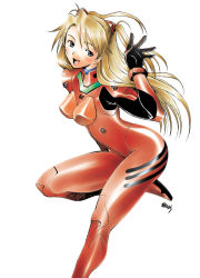 Rule 34 | 1girl, :d, blonde hair, blue eyes, blush, bodysuit, bracer, breasts, from side, gloves, hair ornament, hand up, happy, leg up, long hair, looking at viewer, neon genesis evangelion, open mouth, pilot suit, plugsuit, sakai hamachi, signature, simple background, smile, solo, souryuu asuka langley, turtleneck, twintails, two side up, very long hair, waving, white background