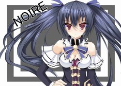 Rule 34 | 10s, 1girl, ahhien, atsuhien, bad id, bad pixiv id, bare shoulders, black hair, blush, breasts, character name, cleavage, hair ornament, long hair, looking at viewer, medium breasts, neptune (series), noire (neptunia), ribbon, solo, twintails