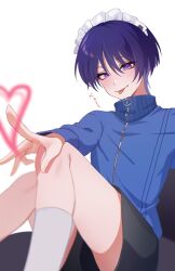 Rule 34 | 1boy, androgynous, black shorts, blue jacket, blush, chobonu, feet out of frame, genshin impact, hair between eyes, hand on own knee, heart, highres, jacket, knees up, long sleeves, looking at viewer, maid headdress, male focus, pointing, purple eyes, purple hair, scaramouche (genshin impact), short hair, shorts, simple background, smile, socks, thighs, tongue, tongue out, wanderer (genshin impact), white background, white socks, zipper