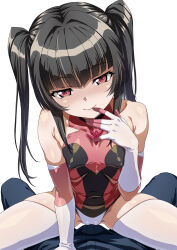 1boy 1girl black_hair blunt_bangs blush breasts bulge cameltoe covered_erect_nipples covered_navel erection erection_under_clothes girl_on_top highres impossible_clothes impossible_leotard leotard long_hair looking_at_viewer pink_eyes pink_leotard senki_zesshou_symphogear shiny_skin simple_background skin_tight skindentation small_breasts smile solo_focus straddling syunzou thighhighs tsukuyomi_shirabe twintails undersuit white_background white_thighhighs