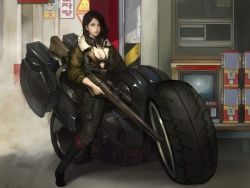 Rule 34 | 1girl, breasts, cleavage, gashapon, gun, headset, highres, jacket, korean text, lips, motor vehicle, motorcycle, namgwon lee, open clothes, open jacket, rifle, solo, translated, vehicle, weapon