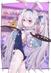 Rule 34 | 1girl, absurdres, animal ears, azur lane, blue leotard, breasts, champagne flute, closed mouth, commentary, crossed bangs, cup, drinking glass, fake animal ears, fake tail, grey hair, hair between eyes, highleg, highleg leotard, highres, holding, holding tray, laffey (azur lane), laffey ii (azur lane), laffey ii (sleepy on a busy day) (azur lane), leotard, long hair, long sleeves, looking at viewer, manjuu (azur lane), official alternate costume, pantyhose, playboy bunny, rabbit ears, rabbit tail, red eyes, rnekon215, small breasts, solo, strapless, strapless leotard, symbol-only commentary, tail, tray, twintails, very long hair, waitress, white pantyhose