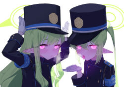 Rule 34 | 2girls, absurdres, black hat, black jacket, blue archive, blush, closed mouth, commentary, gloves, green hair, green halo, halo, hat, highlander sidelocks conductor (blue archive), highlander twintails conductor (blue archive), highres, jacket, ksagi, long hair, long sleeves, looking at viewer, multiple girls, peaked cap, pink eyes, pointy ears, sidelocks, simple background, symbol-only commentary, tongue, tongue out, twintails, upper body, white background, white gloves