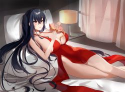 Rule 34 | 1girl, azur lane, black hair, breasts, cat, cat on person, center opening, cocktail dress, dress, evening gown, halter dress, halterneck, huge breasts, indoors, lamp, long hair, lying, maanu, official alternate costume, on back, on bed, red dress, red eyes, sleeveless, sleeveless dress, taihou (azur lane), taihou (forbidden feast) (azur lane), very long hair