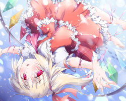 Rule 34 | 1girl, barefoot, blonde hair, blush, bubble, crystal, fish, flandre scarlet, nagii yuki, no headwear, open mouth, outstretched arms, puffy short sleeves, puffy sleeves, red eyes, ribbon, short hair, short sleeves, side ponytail, skirt, smile, solo, soulhunter en, toes, touhou, underwater, upside-down, vest, wings
