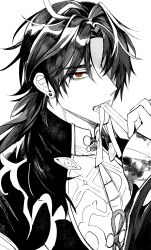 Rule 34 | 1boy, absurdres, bandaged hand, bandages, black hair, black jacket, blade (honkai: star rail), blood, clenched teeth, earrings, hair over one eye, highres, honkai: star rail, honkai (series), jacket, jewelry, long hair, looking at viewer, male focus, monochrome, parted lips, red eyes, ryousuke (tukr5384), simple background, solo, teeth, upper body, white background