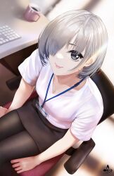 Rule 34 | 1girl, artist logo, black pantyhose, breasts, chair, cleavage, cup, from above, grey eyes, grey hair, hair over one eye, highres, id card, infinote, keyboard (computer), lipstick, long bangs, makeup, mug, office lady, original, pantyhose, pencil skirt, sashou mihiro, shirt, sitting, skirt, small breasts, solo, v-neck, white shirt