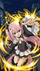 Rule 34 | 10s, 1girl, :d, arm up, armpits, black footwear, black ribbon, boots, detached sleeves, dress, fang, flat chest, hair between eyes, hair ornament, highres, krul tepes, leg up, long hair, looking at viewer, night, open mouth, outstretched arm, owari no seraph, pink hair, red eyes, ribbon, sleeveless, sleeveless dress, smile, solo, sparkle, thigh boots, thighhighs, twintails, two side up, very long hair