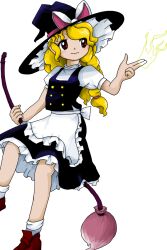 Rule 34 | 1girl, apron, black hat, black skirt, black vest, blonde hair, blush stickers, braid, broom, closed mouth, frilled apron, frills, hat, kirisame marisa, long hair, non-web source, official art, petticoat, red eyes, red footwear, shirt, shoes, short sleeves, single braid, skirt, smile, socks, solo, touhou, transparent background, unfinished dream of all living ghost, vest, waist apron, white apron, white shirt, white socks, witch hat, zun (artist)