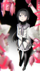 Rule 34 | 4girls, absurdres, akemi homura, ameman, ankle ribbon, arm at side, arms at sides, black hair, black hairband, black legwear, blurry, bound, bubble skirt, capelet, choker, chromatic aberration, clone, commentary request, crying, crying with eyes open, dark background, darkness, depth of field, dot nose, facing away, facing viewer, flat chest, frilled skirt, frills, from above, full body, grey capelet, grey skirt, hair ribbon, hairband, hand on shield, hanging, highres, horrified, jitome, kaname madoka, knees together feet apart, leg ribbon, light particles, long hair, long sleeves, looking afar, looking at another, mahou shoujo madoka magica, mahou shoujo madoka magica (anime), multiple girls, neck ribbon, pantyhose, parted lips, pink hair, pink ribbon, pleated skirt, puffy sleeves, purple eyes, purple ribbon, restrained, ribbon, ribbon choker, sad, shadow, shield, short sleeves, short twintails, skirt, standing, surreal, tears, tied up (nonsexual), twintails, upside-down, white skirt