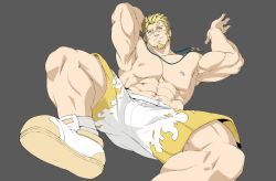 Rule 34 | 1boy, abs, absurdres, armpits, bandaid, bandaid on face, bara, bare pectorals, blonde hair, blush, bulge, facial hair, foot out of frame, goatee, hair strand, highres, jacob (housamo), kito (clamp5656), large pectorals, leg up, long sideburns, looking at viewer, lying, male focus, muscular, muscular male, navel, nipples, on back, paid reward available, pectorals, paid reward available, short hair, shorts, sideburns, solo, spread legs, thick thighs, thighs, tokyo houkago summoners, white eyes, white shorts, wrestling outfit