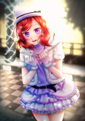 Rule 34 | 1girl, artist request, blurry, blurry background, blush, clenched hand, female focus, hat, looking at viewer, love live!, love live! school idol project, nishikino maki, purple eyes, purple shirt, red hair, shirt, short hair, smile, snow halation, solo