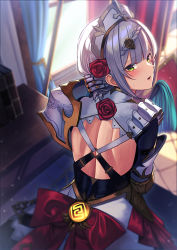 Rule 34 | 1girl, armor, back, blunt bangs, blurry, blurry background, commentary request, flower, from behind, genshin impact, green eyes, grey hair, hair flower, hair ornament, indoors, looking at viewer, looking back, noelle (genshin impact), parted lips, red flower, red rose, rose, short hair, solo, sweat, unowen, vision (genshin impact), window