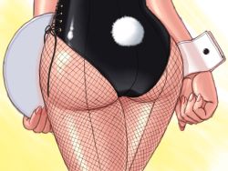Rule 34 | 1girl, ass, ass focus, back-seamed legwear, rabbit tail, playboy bunny, clenched hand, close-up, fishnet pantyhose, fishnets, from behind, highres, leotard, nokaze koyama, original, pantyhose, ribbon, seamed legwear, solo, standing, tail, tray, wrist cuffs, yellow background