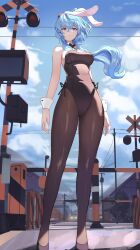 Rule 34 | 1girl, :&lt;, absurdres, ahoge, alternate costume, animal ears, arms at sides, bare shoulders, black bow, black bowtie, black footwear, black leotard, black pantyhose, blue hair, blue sky, bow, bowtie, breasts, closed mouth, cloud, collar, commentary request, contemporary, crossed bangs, day, detached collar, dolri, fake animal ears, floating hair, from below, full body, ganyu (genshin impact), genshin impact, gradient eyes, hair between eyes, high heels, highleg, highleg leotard, highres, legs, leotard, long legs, looking at viewer, low ponytail, medium breasts, multicolored eyes, outdoors, pantyhose, playboy bunny, ponytail, power lines, purple eyes, rabbit ears, railroad crossing, side-tie leotard, skinny, sky, solo, standing, strapless, strapless leotard, thighs, traffic light, train, utility pole, white collar, white wrist cuffs, wind, wrist cuffs